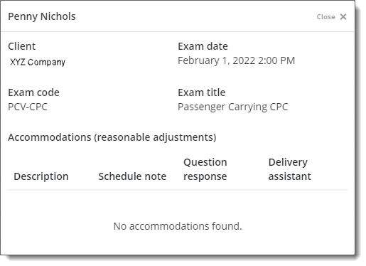 Exam registration details with no accommodations.